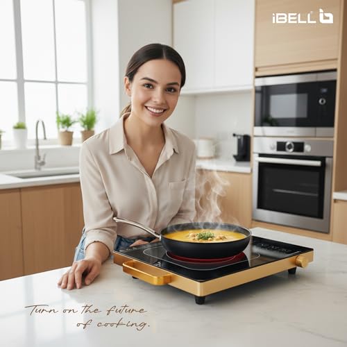 Image of iBELL 2000W Infrared Cooktop Stove with Universal Cookware Compatibility, Touch Control Panel, Precise Temperature Settings & Elegant Golden Finish