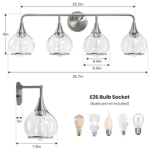 Image of Brushed Nickel Bathroom Light Fixture 4 Lights Bathroom Vanity Lights Over Mirrors with Clear Glass Shade 30.7 inch Wall Sconce Lighting Bath(Exclude E26 Bulb)