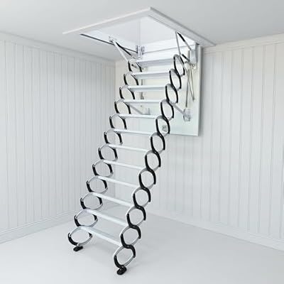 DEFNES 12 Steps Ceiling Mount Attic Ladder, Heavy Duty 1100LBS Retractable Attic Ladder Pull Down, Ceiling Stair with Safety Handrails, Hidden Folding Loft Stairs for Garage & Home Attic Access