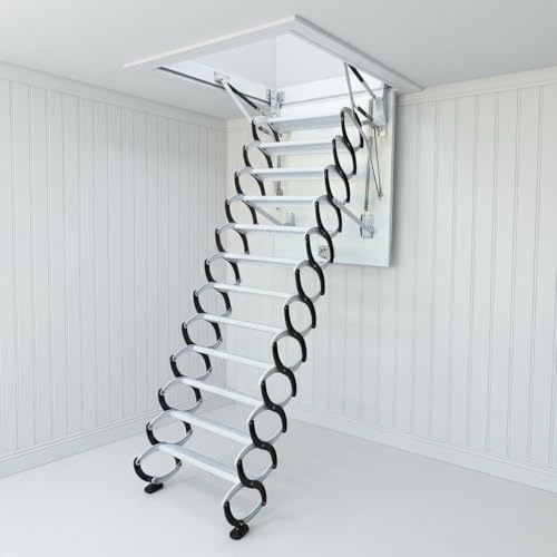 DEFNES 12 Steps Ceiling Mount Attic Ladder, Heavy Duty 1100LBS Retractable Attic Ladder Pull Down, Ceiling Stair with Safety Handrails, Hidden Folding Loft Stairs for Garage & Home Attic Access