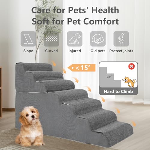Image of ABORON 7-Step Dog Stairs for High Beds, 29.5 in Tall Pet Steps | Wide 17.7 in steps use reinforced PE support boards, high-density foam, a non-slip base and removable washable cover.
