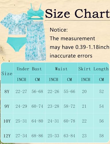 Happy Cherry Girls Swimsuit Teen Cute Bathing Suits Kids 4 Piece Tropical Print Beach Bikini Sets with Cover Up Size 8-124