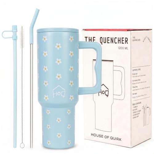 House of Quirk 1200ML Stainless Steel Tumbler with Handle & Lid, 2 Straws – Large Travel Mug Water Cup for Gym, Office & Outdoor Use (Blue Daisy)