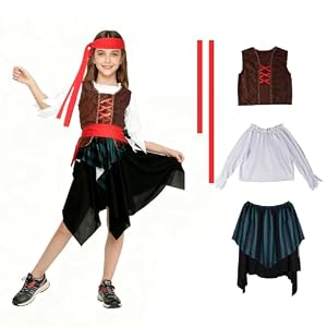 Kinwers Piratenkostüm Kinder,5 Stück Beinhaltet Oberteile, Jacken, Röcke, Kopftücher und Gürtel,für Halloween Mädchen L(120-130cm)