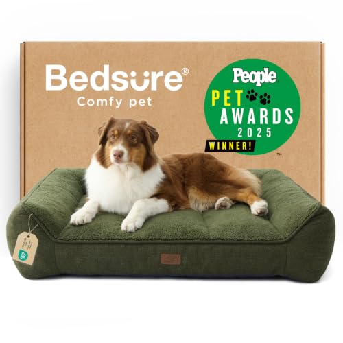 Image of Bedsure SupportMax Orthopedic Dog Beds Large Sized Dog - Extra Thick Supportive Large Dogs Bed with Waterproof Washable Cover, L Plus Comfort Pet Sofa with Soft Sherpa and Nonskid Bottom, Green, 38 inch
