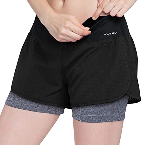 VUTRU Pantalones Cortos Correr Mujer 2 en 1 Pantalones Cortos Deportivos Cintura Alta Pantalones Cortos de Running Fitness Yoga con Bolsillo Negro M