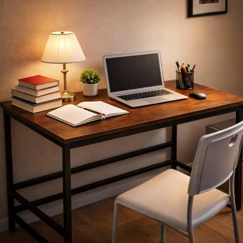 Image of Portable Wood & Metal Computer Desk | Modern Writing Table | Stylish Multipurpose Study Table Best for Home, School, Office Work & More | Ideal for Kids & Adults (Premium Brown)