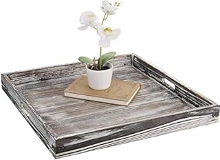 MyGift 19-inch Square Rustic Torched Wood Ottoman Tray with Vintage Metal Side Accent