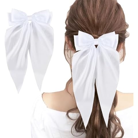 Loceast Hair Clip, White Hair Bow for Women Girls, Oversized Long-tail Cute Aesthetic Hair Accessories, Large Silky Satin Hair Barrettes for Women, 1Pcs Cover
