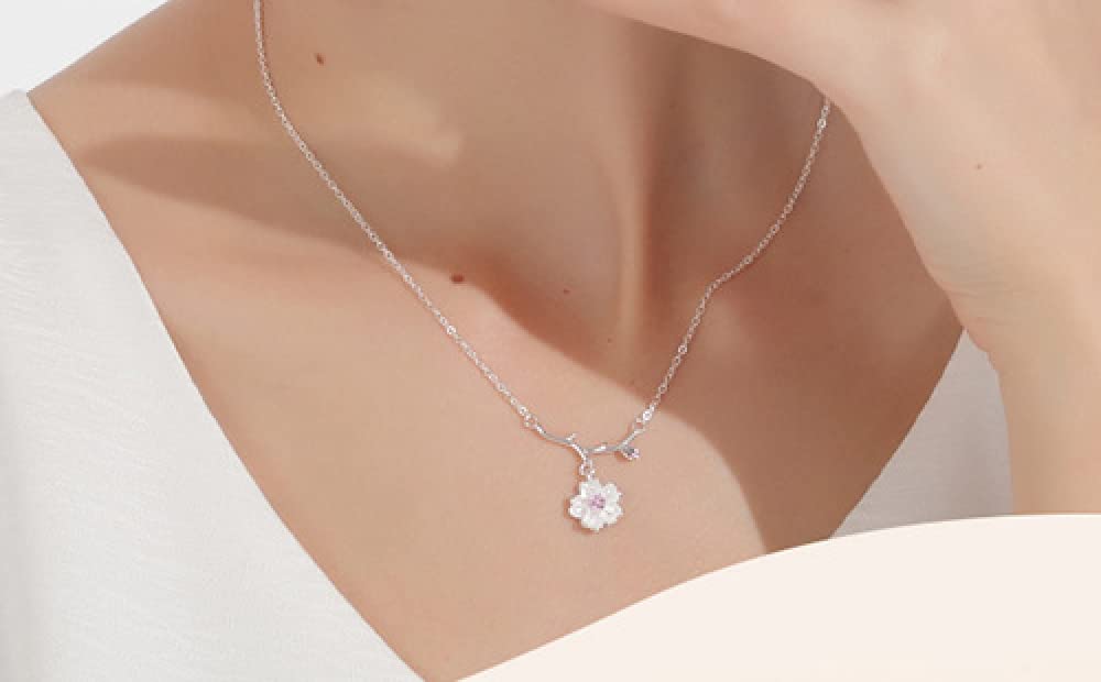 Collana Lunga In Argento 925 Con Ciondolo Fiore Di Ciliegio In Conchiglia – Catena A Clavicola, Donna, Elegante E Ipoallergenica