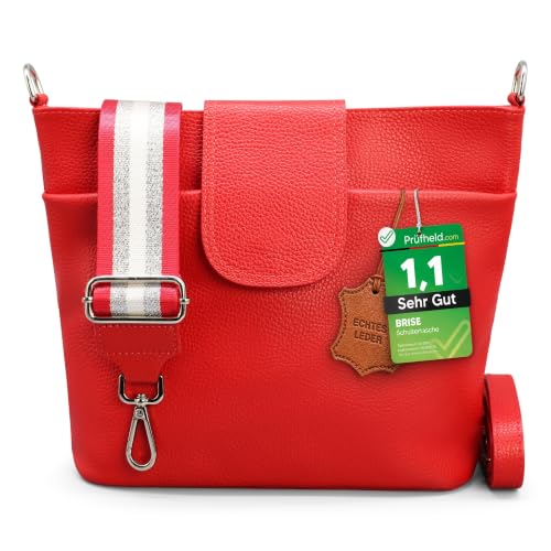 Brise Art [Test SEHR GUT Note 1.1] Umhängetasche Damen Echtes Leder ELLIE Handgemachte Crossbody Bag mit Ledergurt + Optionalen Breiten Gemusterten Riemen 6 Fächer Schultertasche Made in Italy