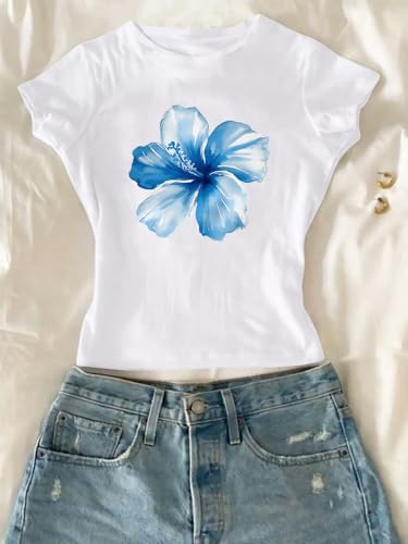 Image of RoseSeek Girl's Floral Graphic Crop Tops Tees Short Sleeve Crewneck Cute Slim Fit T Shirt Summer Tops