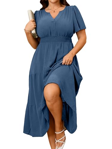 RWJ Plus Size Wedding Guest Dress for Curvy Women Formal Cocktail Summer Dresses Short Sleeve V Neck A Line Smocked Empire Waist Elegant Party Church Spring Maxi Dress Dusty Blue 3XL