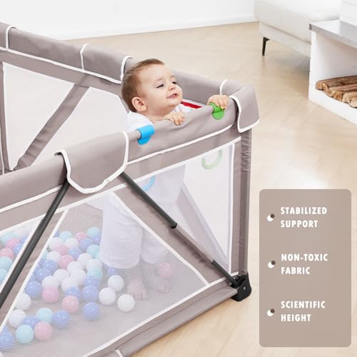 Image of Jimglo Baby Playpen Foldable, Playard for Babies and Toddlers, Portable Playpen Activity Center with 50 Balls+2 Handles for Travel, Indoor & Outdoor Play Pen with Mesh 59''x71''