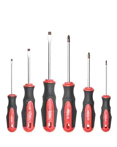 6PCS Magnetic Tip Screwdriver Set, 3 Phillips and 3 Flat, Red Tip | Red, Gloss, S2 Steel)
