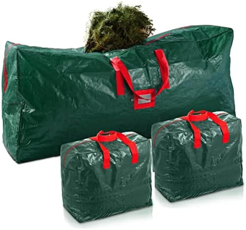 Jumbo 9FT Christmas Tree Storage Bag - 3 Piece Set Includes 2 Garland Storage Bags for Xmas Decorations - Durable Reinforced Carry Handles, Dual Zippered Storage Containers Waterproof Xmas Storage Bag
