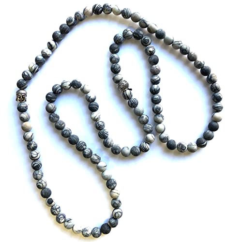 108 Bead Picasso Jasper 8mm Mala Beads- Yoga Meditation Bracelet Necklace - Healing Stone Grey - Image 6