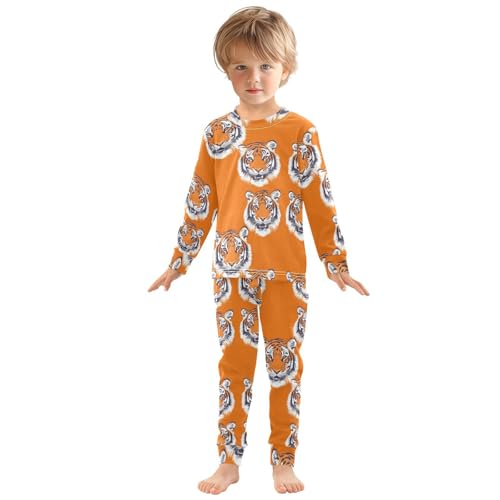 Pajama Sets Long Sleeve Tiger Faces on Orange Soft Comfy Sleepwear 2 Piece PJS 3-8T2