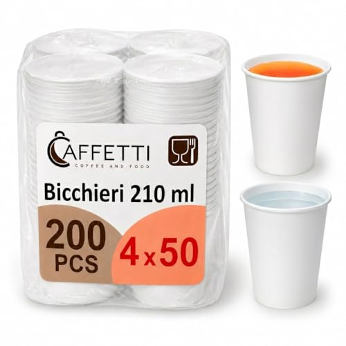 Caffetti 200 Bicchieri in Carta per Acqua 210 ml Bianchi Monouso, Formato Convenienza - Bicchieri Usa e Getta in Cartoncino Riciclabili per Bevande, Ufficio, Asporto, Eventi