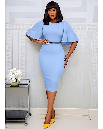 Image of Memoriesea Women's Basic Bodycon Ruffle Flared Short Sleeve Pencil Midi Dress
