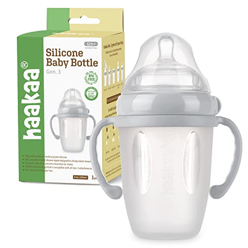 Image of haakaa Gen.3 Silicone Baby Bottle (8oz./250ml, Grey) - Bottles for Newborn Babies with Variable Flow Cross-cut Nipple, Anti Colic Bottles for Infant with Double Handles & Dust Cap, Milk Bottle for 6M+