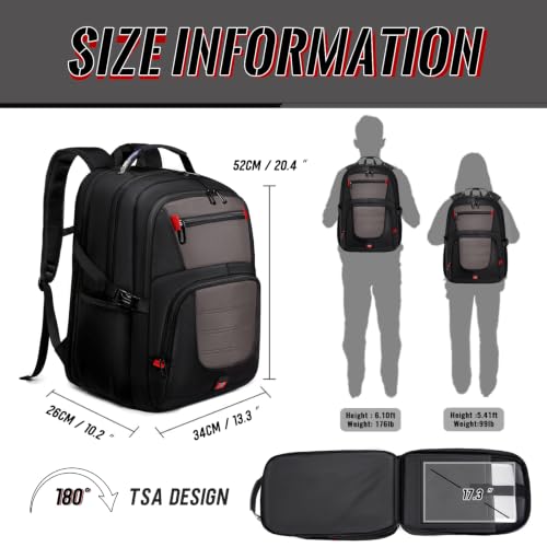 Image of Large Travel Backpack, 17.3 inch Laptop Backpack, Grey | 45L Capacity, 180 TSA-Friendly Carry On, Laptop Compartment, Water-Resistant, Adjustable Strap for Work Travel College