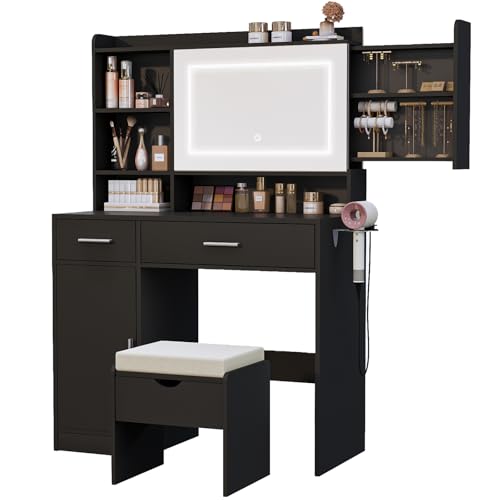 Viaozutis Vanity Desk with Mirror and Lights, with Hidden Shelves,4 Compartments,2 Drawers,Cabinet & Stool,Dimmable LED Lights,Power Outlets, Ideal for Bedroom Vanity Organization (Black)
