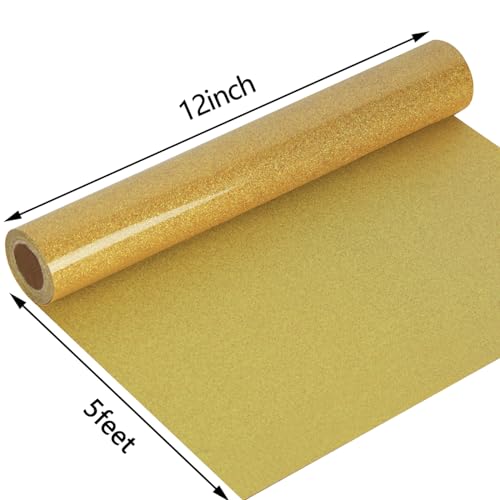 Image of guangyintong Heat Transfer Vinyl Glitter Gold HTV Rolls, 12 inch x 5ft Gold Iron on Vinyl for T Shirts, Glitter HTV Vinyl for All Cutter Machine Easy to Cut & Weed for Heat Vinyl DIY Design