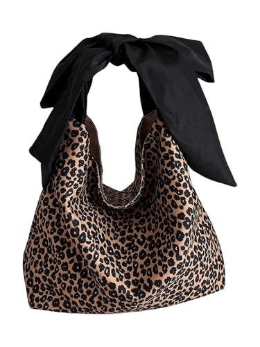 Image of QWINEE Women's Y2K Leopard Print Tote Handbag Casual Cheetah Print Canvas Shoulder Bag Bow Underarm Bag Brown One-Size
