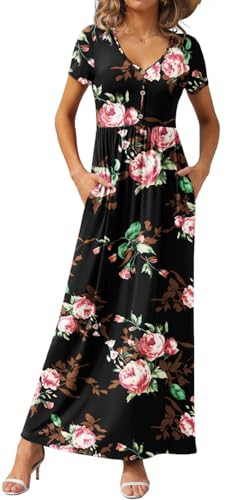 Image of GRECERELLE Womens Summer Long Maxi Dresses 2026 Short Sleeve V Neck Casual Button Dress with Pockets