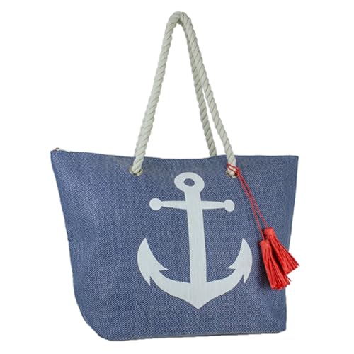 Spacious Navy Anchor Canvas Beach Tote Bag with Metallic Text & Rope Handles – Summer Travel & Poolside Accessory