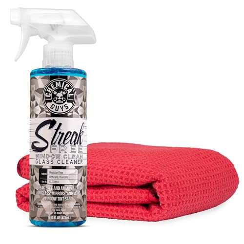 Chemical Guys Streak Free Window Clean Auto Glass Cleaner Bundle with Waffle Weave Microfiber Towel, Ammonia Free Spray Safe for Tinted Windows, Mirrors, Touchscreens and Plastics, 16 fl oz