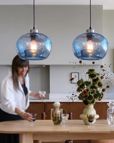 Image of CASAMOTION Glass Pendant Lights Kitchen Island Modern Farmhouse Blue Ceiling Hanging Light Fixtures Globe Over Table Sink Foyer Entryway Brushed Nickel 8.7 Inch Diameter