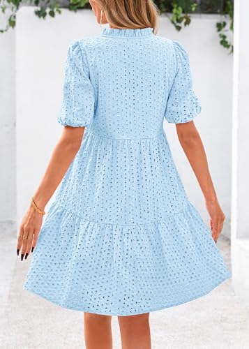Image of KIRUNDO Eyelet Summer Dresses for Women 2026 Mini Casual Hollow Out Short Sleeve Lace Tiered V Neck Shift Dress Pockets