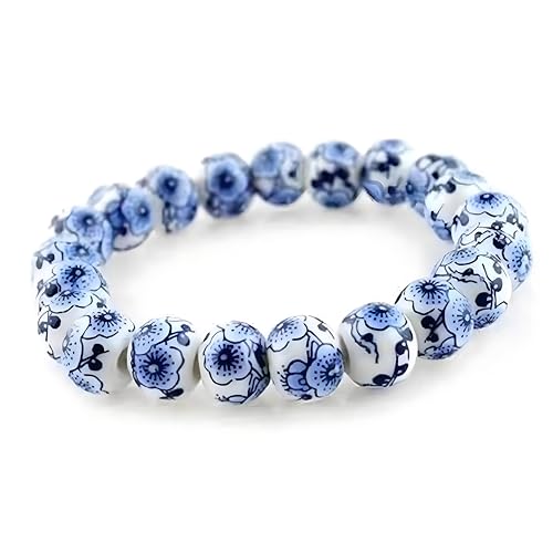Dreuyet Women Porcelain Beads Bracelet Elegant Ethnic Style Blue and White Ceramic Beaded Bracelets Handmade Vintage Sunflower Geometric Round Bracelet Gift