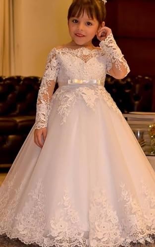 Lace Flower Girl Dress for Wedding Long Sleeve Pageant Dresses for Girls Tulle Ball Gown with Bow3