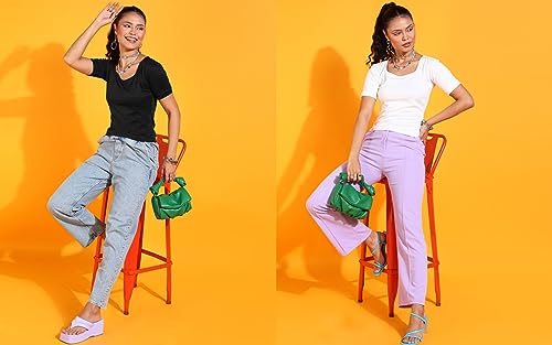 Image of POPWINGS Casual Solid Square Neck Short Sleeves Summer Wear Tops Combo for Women