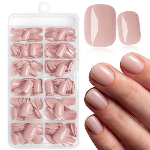 240pc Nude Tan Press on Nails Short Squoval Fake Nails with Glue Tabs,...