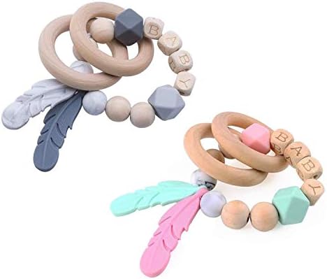 2pc Biter teether Baby Rattle Teething Bracelet Soft Silicone Feather Pendant Organic Wooden Beads With Letter Food…