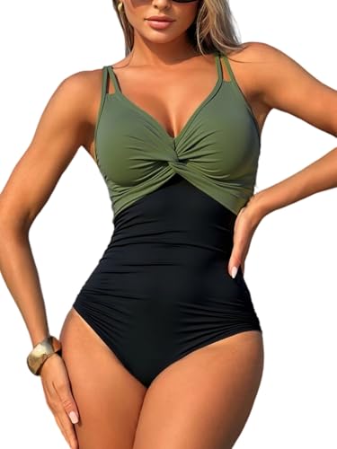 Sangdut Damen Einteiliger Badeanzug mit Cups Sexy Push Up Bauchweg Plissee V- Ausschnitt Bademode (DE/ NL/ SE/ PL, Alphanumerisch, M, Regular, Regular, Grün)