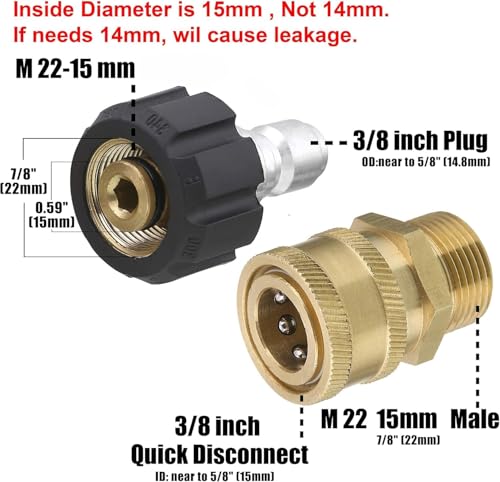 Image of Tool Daily Pressure Washer Adapter Set, Quick Connect Kit, Metric M22 15mm Female to M22 Male Fitting, 5000 PSI