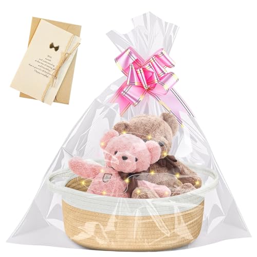 Booaee Cesta de regalo vacía, cesta trenzada para regalos con bolsas de regalo, luces LED, tarjetas y cintas, cesta vacía para cumpleaños, bodas, baby shower, Navidad, Pascua, Acción de Gracias