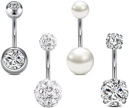 Rajnard Belly Bar 14G 6/8/10/12/14mm Belly Button Bars Surgical Steel CZ Pearl Diamond Belly Piercing Navel Bar Belly Button Ring Piercing Jewelry for Women Men