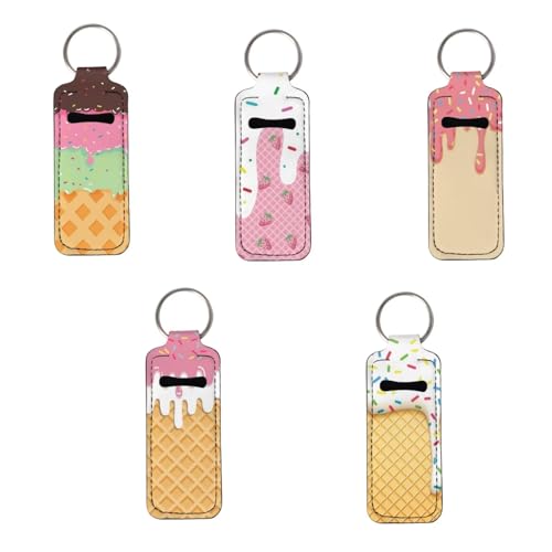 Clip-on Lip Blam Holder Sleeves Ice Cream, Cute Chapstick Holder Keychain, 5 Packs Lip Balm Pocket with 5 Keyring for Women Girls image 3