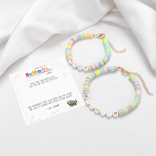 Image of Back To School Gifts for Mom and Daughter Mama and Mini Braclets First Day of School Mommy and Me Bracelet Heart Clay Bead Bracelets