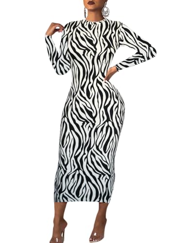 Langärmeliges figurbetontes Damenkleid – Midi-Kleid, lässig, Club, Party, lang, enganliegend, Herbstkleider, Zebra, Klein