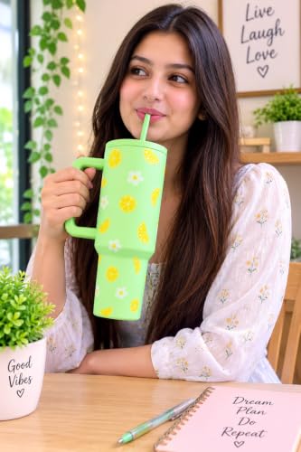 Image of CYNVEXA Tumbler with lid and Straw 1200ML Cup Stainless Steel Vacuum Insulated Tumbler for Water, Iced Tea or Coffee 1.2L Office Gym Travelling (Lemon Flower)