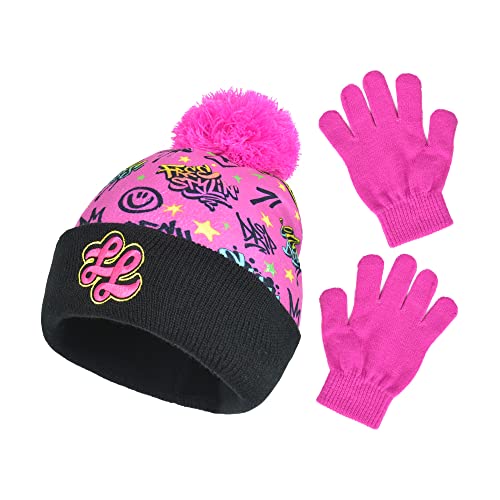 Concept One That Girl Lay Beanie Hat and Gloves Set, Kids Cuffed Winter Knit Cap with Pom and Mittens3