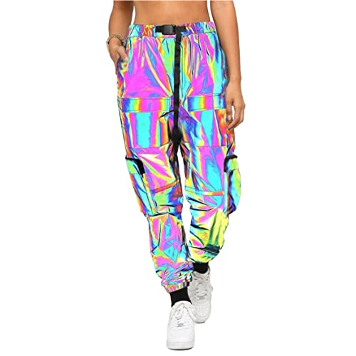 YiLianDa Pantalón reflectante para mujer, Hip Hop, fiesta, discoteca, varios bolsillos, al aire libre, noche, deportivo, holgado, con cinturón Cover