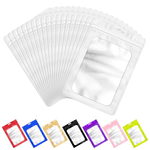 ANZNKU 100 PCS Resealable Mylar Bags with Frosted Clear Window Packaging Bags Foil Pouch Zipper Bag for Food Self Sealing Storage Supplies (2.75x3.93, White)